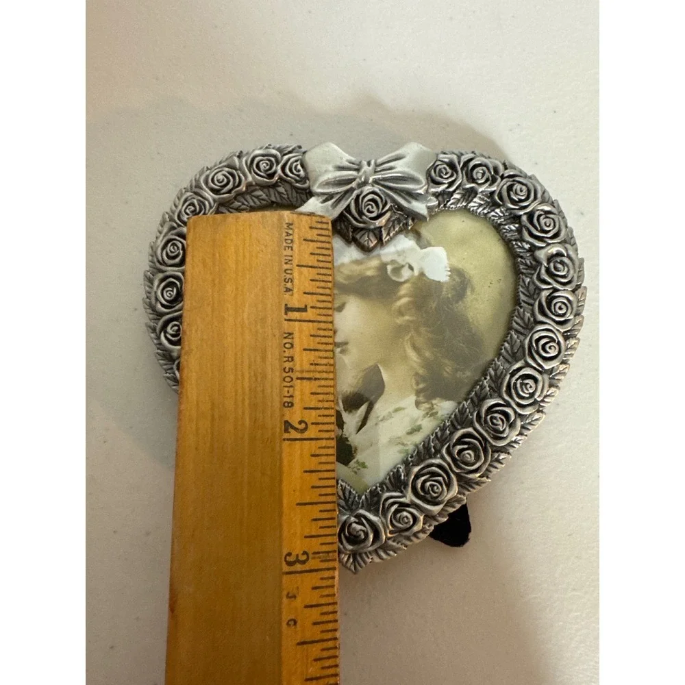 Vintage MT Pewter Tone Heart Picture Frame Rose Floral Bow Victorian Style 3.5in